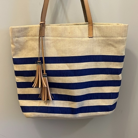 Marc Lamar Canvas Tote Bag Leather Handles & Trim Striped Zipper Top Jute Tassel - Picture 2 of 9